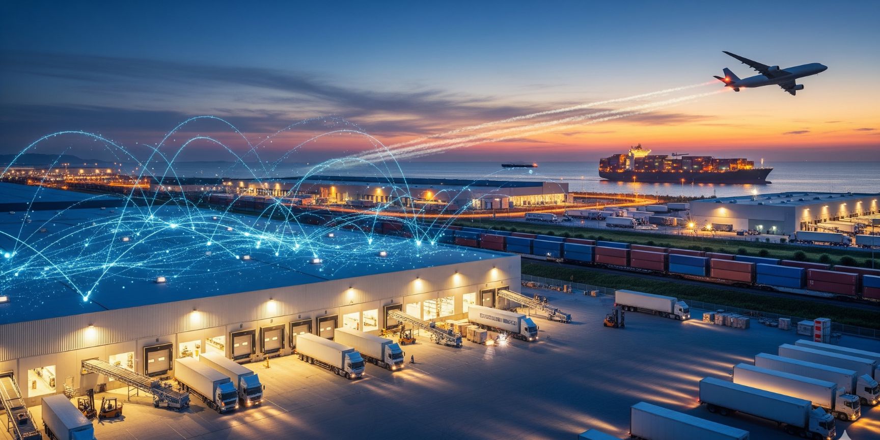 Visualization of macrologistics: A global logistics network at dusk that connects a modern warehouse, truck, container ship and cargo plane with X-ray digital data streams.